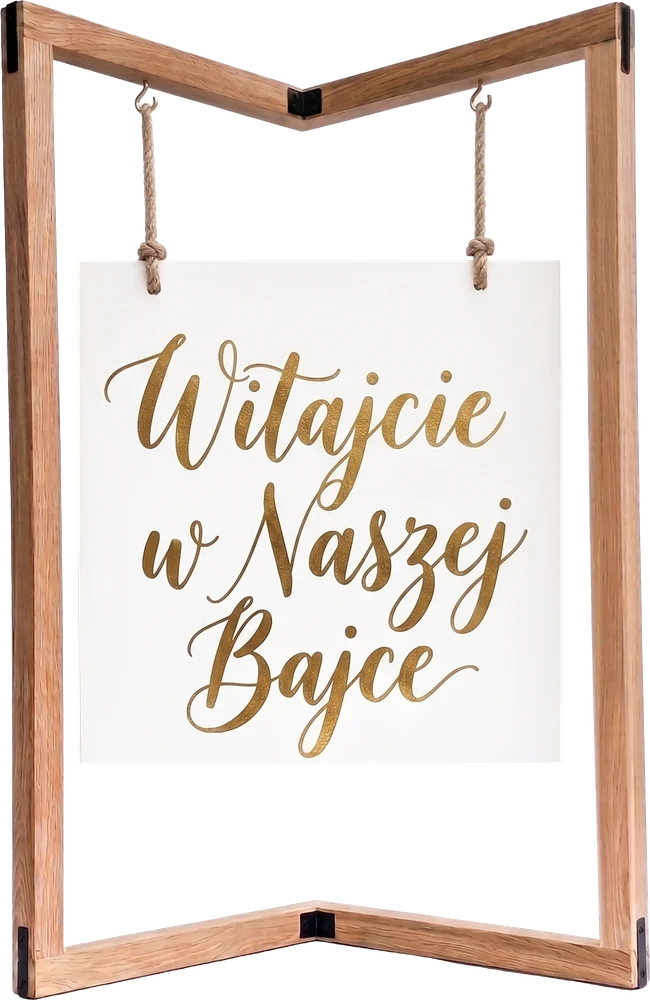Dębowy stojak z tablicą Witajcie w Naszej Bajce